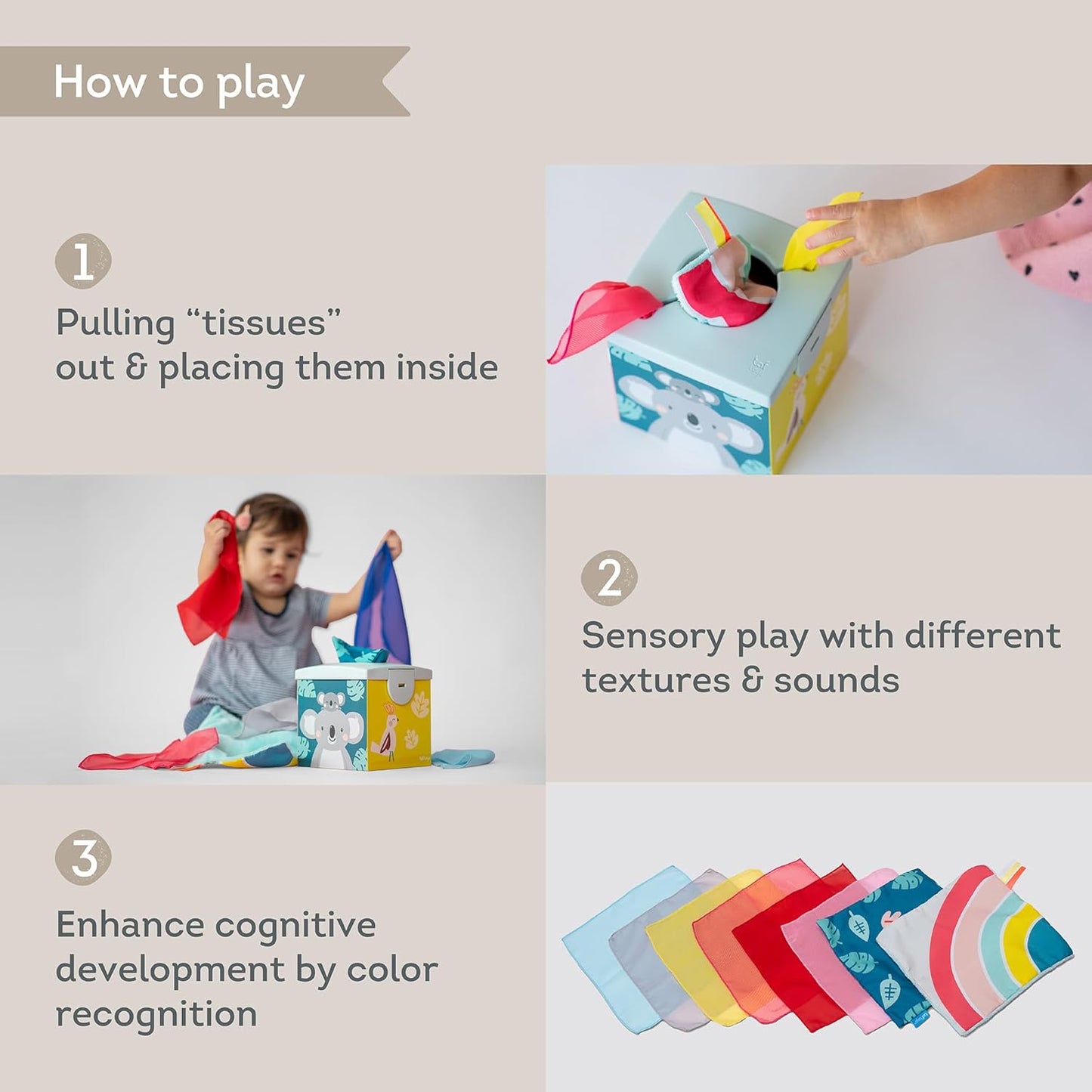 CAJA DE PAÑUELOS SENSORIAL KOALA TAF TOYS