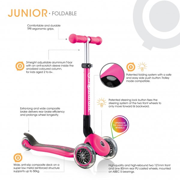 PATINETA JUNIOR LUCES LED ROSADA NEÓN-EL JUGUETERO